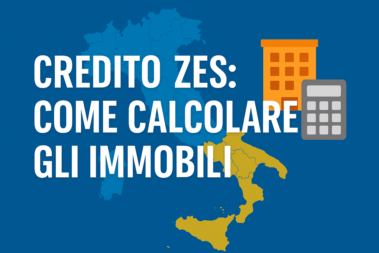 Mappa dell’Italia con focus sul Sud e icone immobiliari, testo: Credito ZES - Come calcolare gli immobili